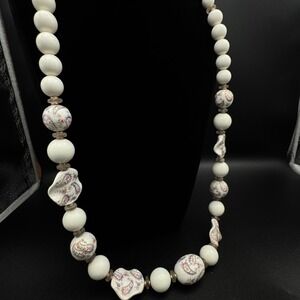 Vintage Hand Painted Graduated Faux Pearl Bead Necklace Made Japan MCM Statement